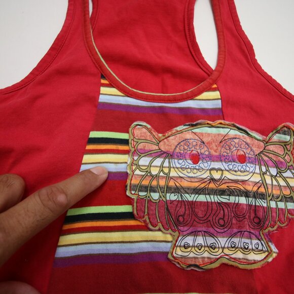 FARM Red Stripe Owl Embroidery Butterfly Racer Back Tank Top Womens M Red READ - Picture 5 of 16